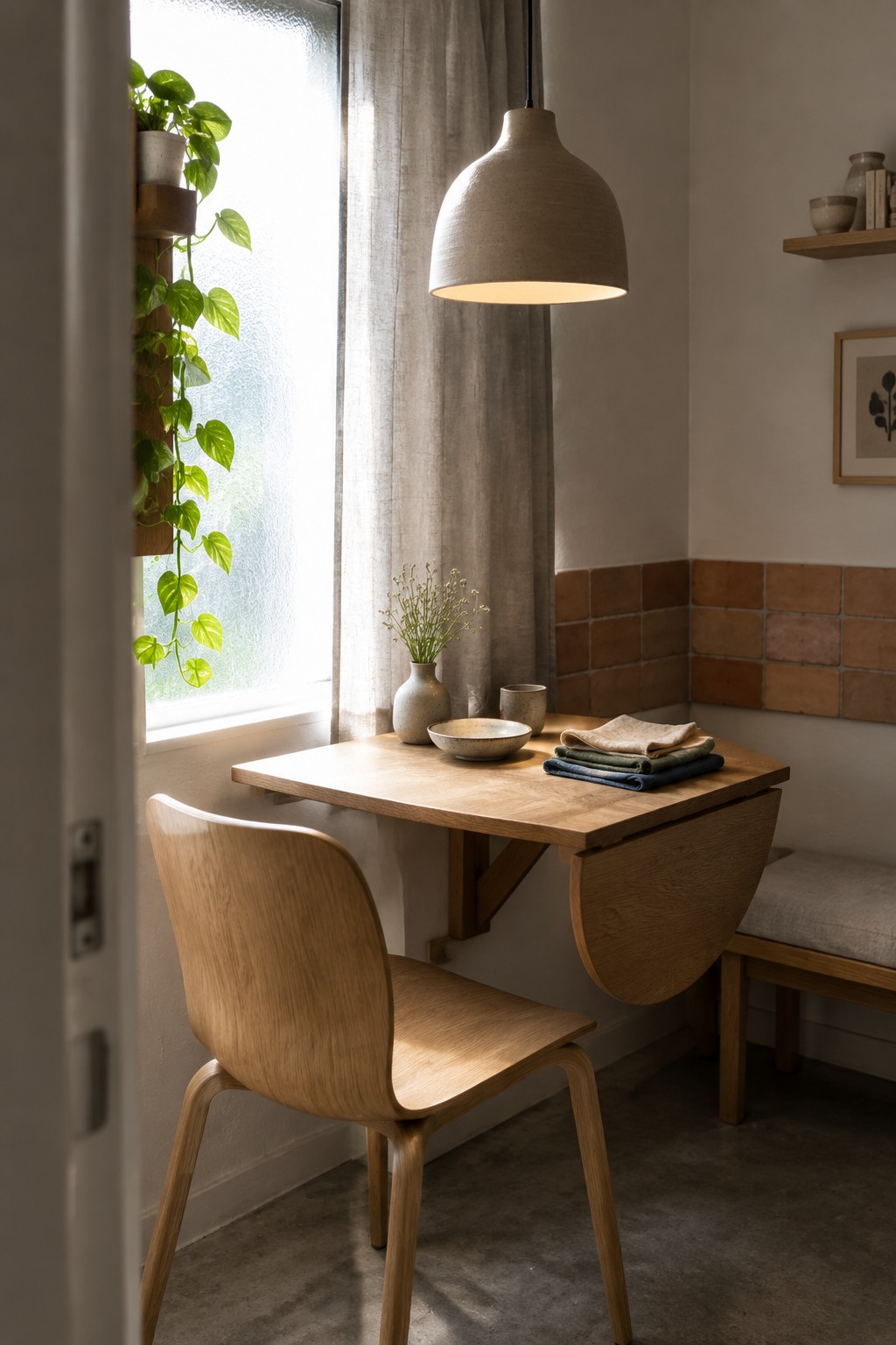 A compact wooden dining table sits beside a cushioned wall bench and a curved wooden chair.