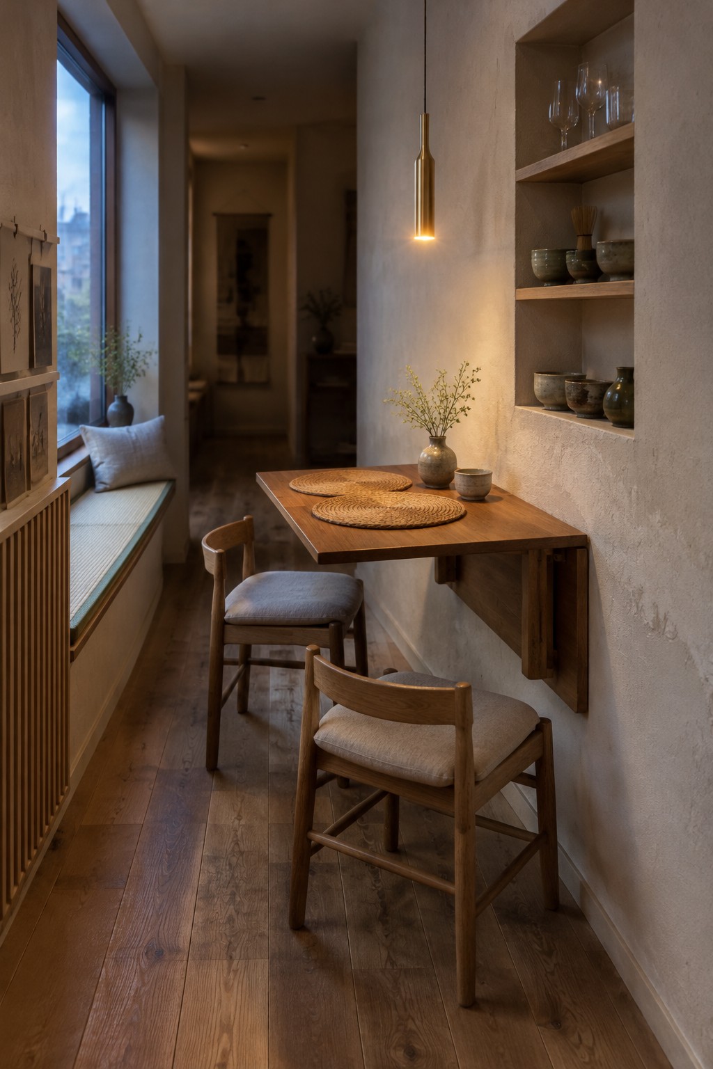 A narrow dining nook with a wall-mounted wooden table, two upholstered chairs, built-in shelves, and a window seat.