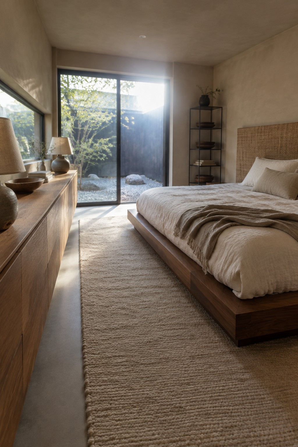 A low wooden platform bed with neutral bedding sits beside a woven rug in a bedroom with a wooden dresser and sliding glass doors.