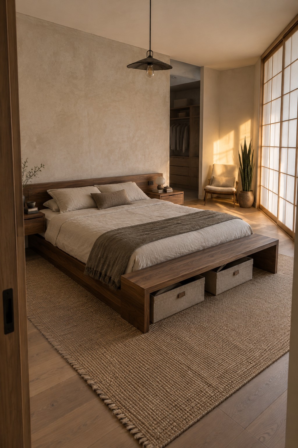 A low wooden platform bed with neutral bedding and storage baskets beneath the footboard sits in a bedroom with a woven rug and tall shoji-style windows.