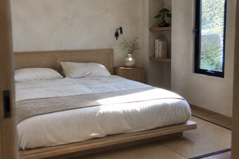 A low wooden platform bed with white bedding sits beside a slatted wood nightstand in a neutral bedroom.