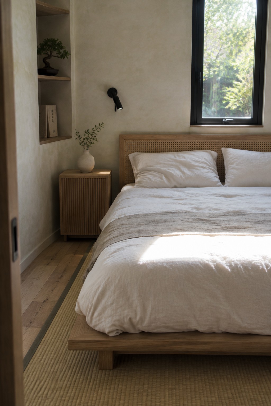 A low wooden platform bed with white bedding sits beside a slatted wood nightstand in a neutral bedroom.