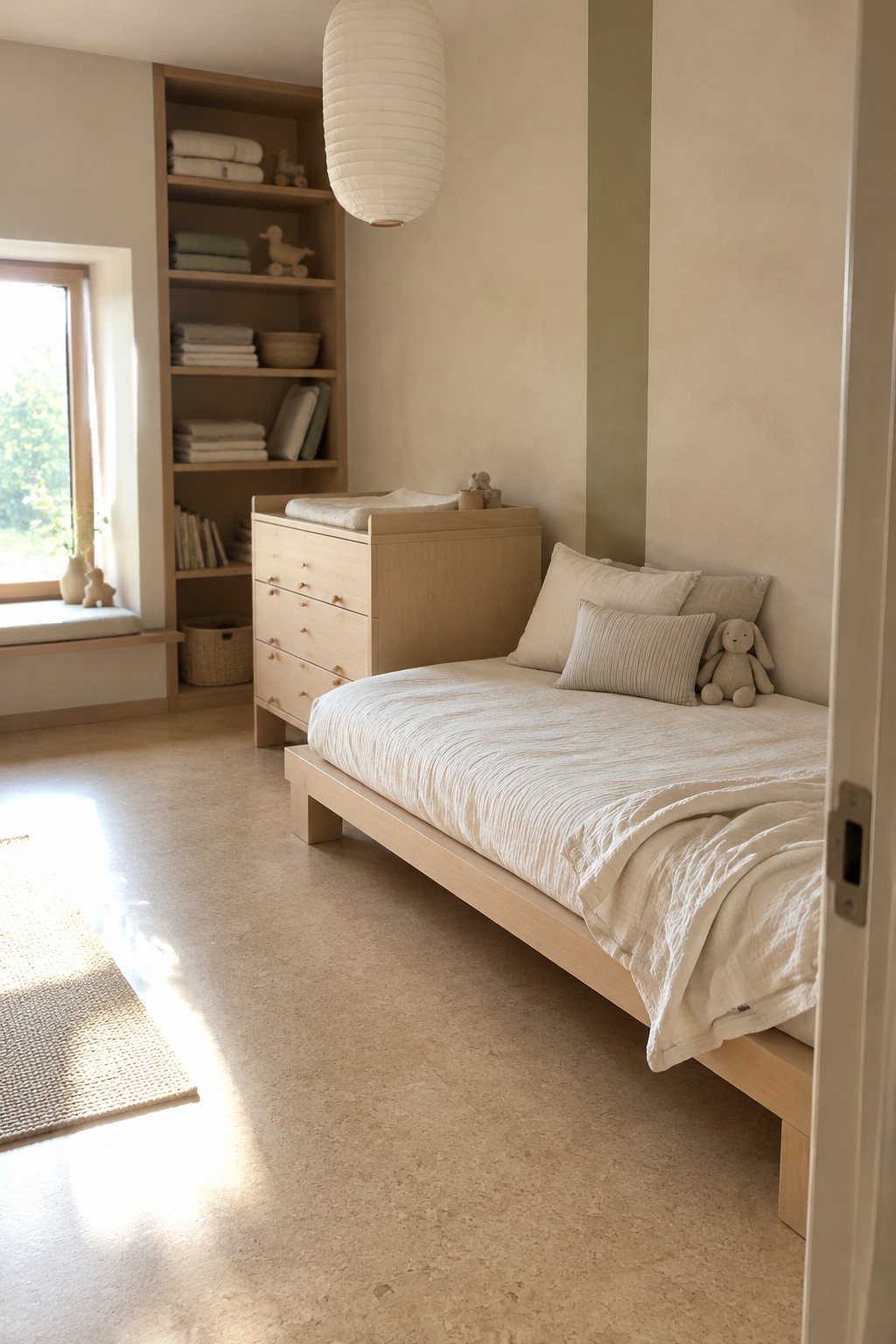 A minimalist bedroom with a low wood platform bed, a wooden chest of drawers, and built-in shelves holding linens and books.