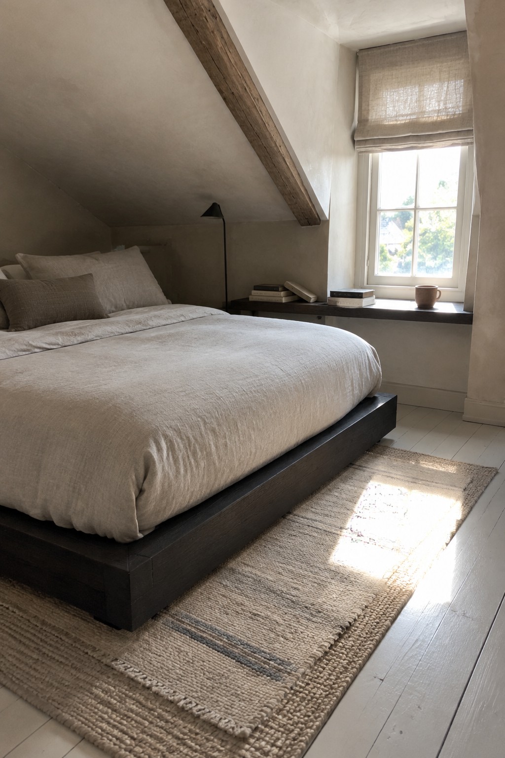 A low dark wood platform bed sits beneath a sloped ceiling with an exposed beam, beside a window with a fabric shade.