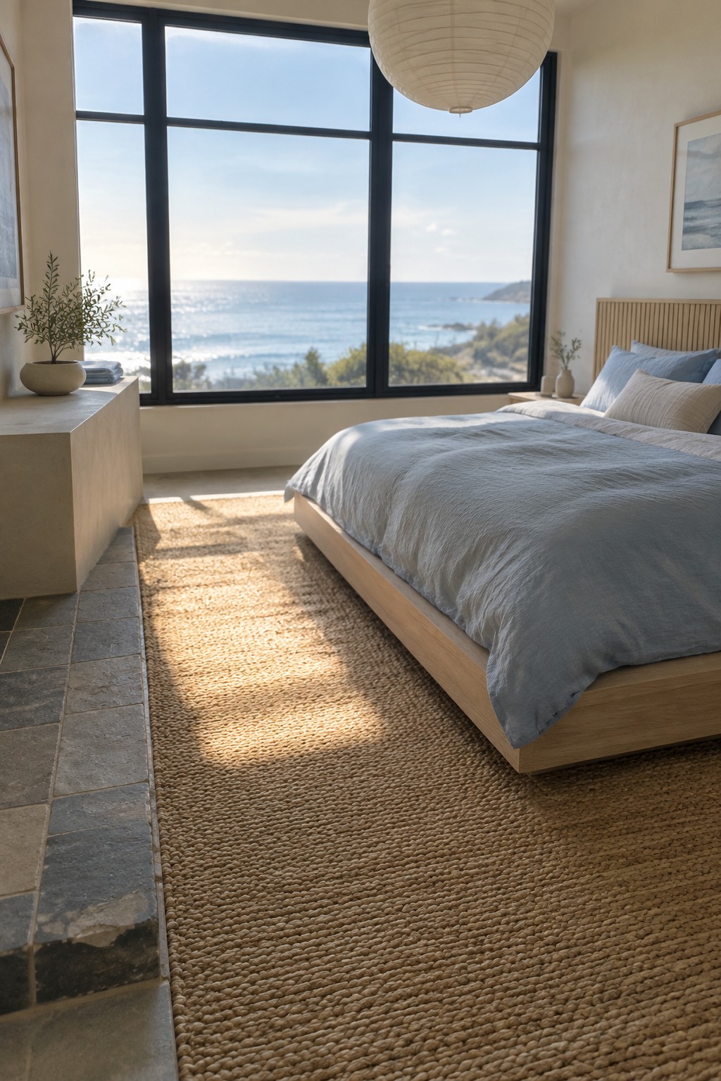 A low wood platform bed with pale bedding sits beside a woven rug in a bedroom with large ocean-facing windows.