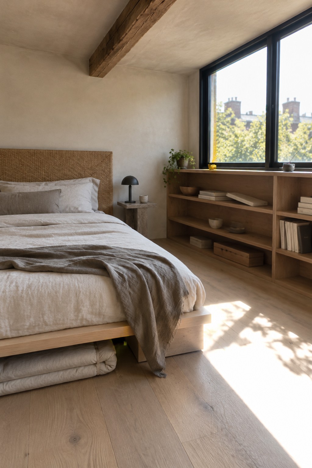 A low wooden platform bed with a woven headboard sits beside a built-in wooden bookshelf in a bedroom.