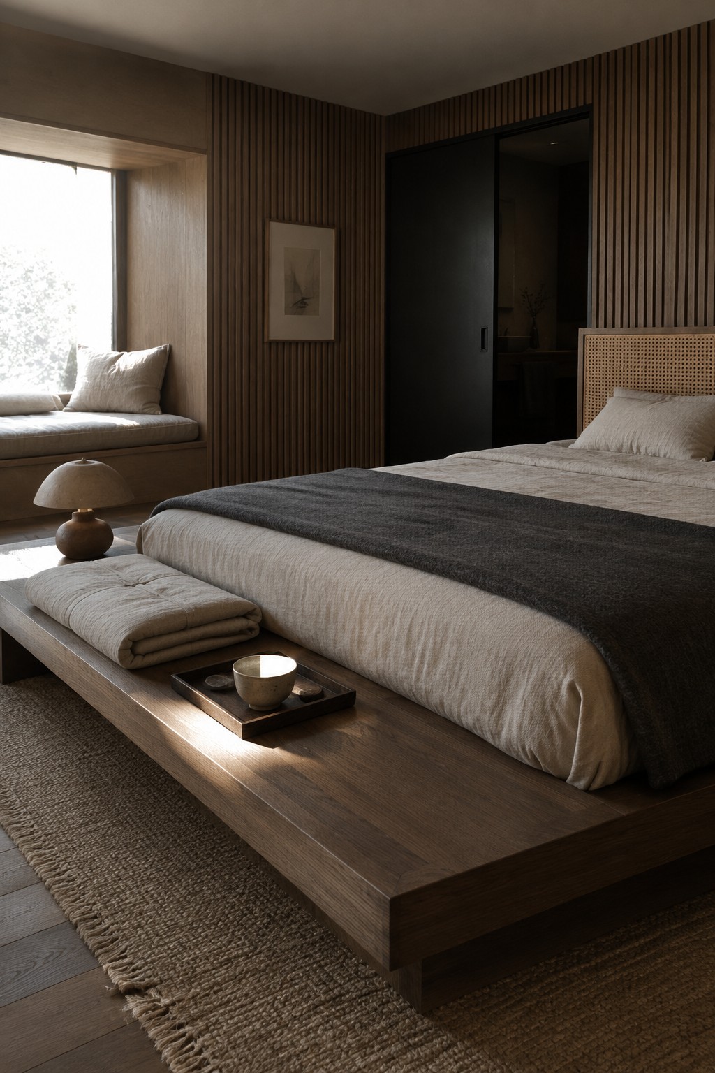 A low wooden platform bed with neutral bedding sits beside a window seat in a bedroom with vertical wood wall panels.