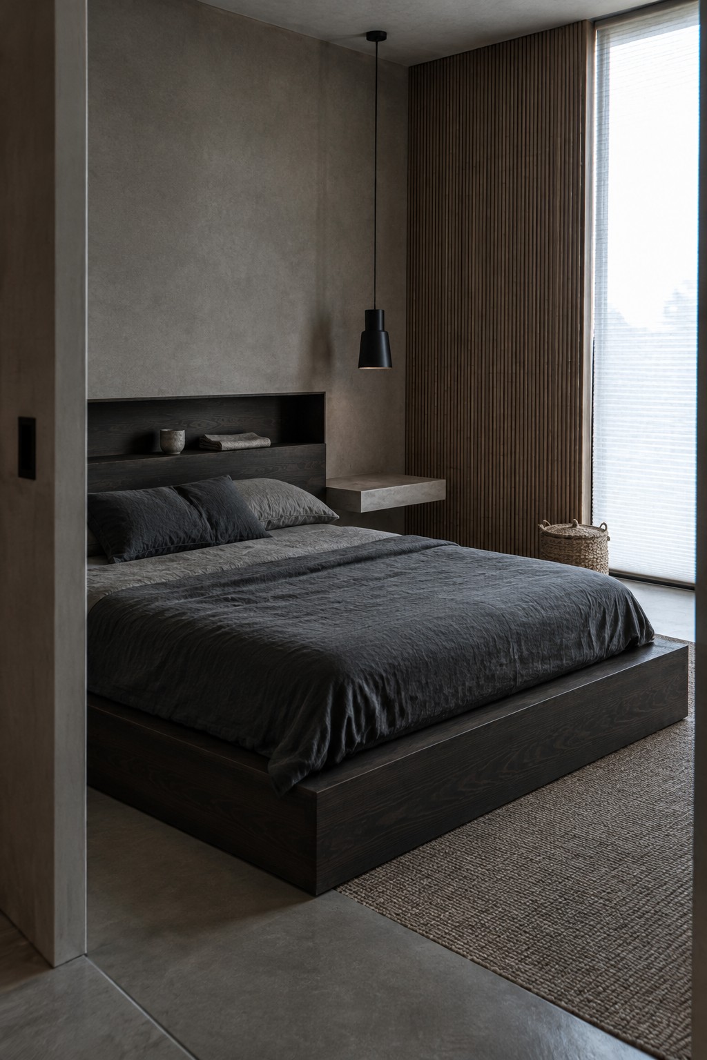 A low dark wood platform bed sits against a built-in headboard shelf in a bedroom with a concrete wall and vertical wood paneling.