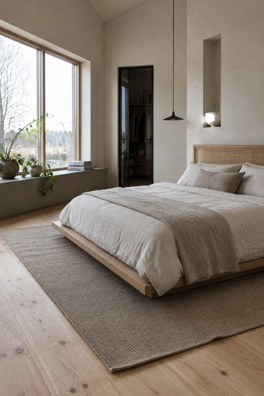 A low wood platform bed with neutral bedding sits on a woven rug in a bedroom with tall windows.