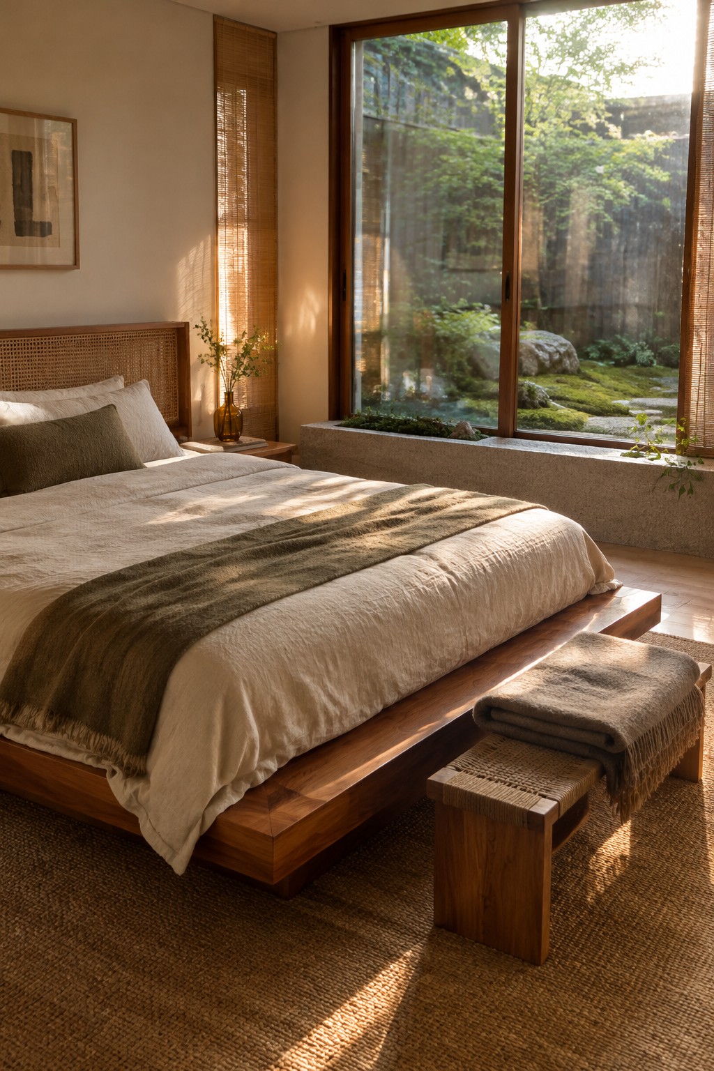 A low wooden platform bed with cream bedding and a woven headboard sits beside a large window overlooking a garden.