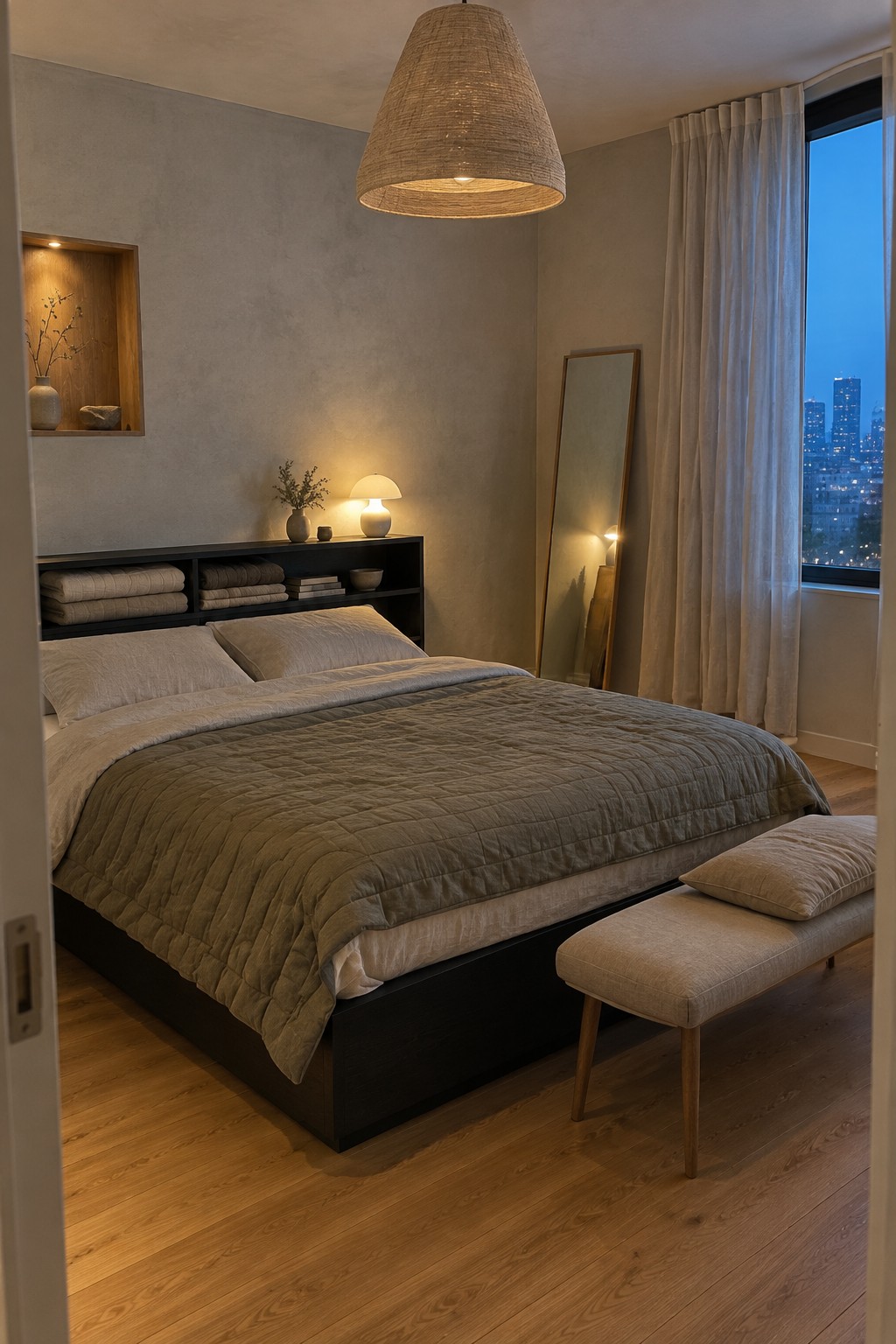 A low dark platform bed with neutral bedding sits in a bedroom with a shelf behind it and a cushioned bench at the foot.