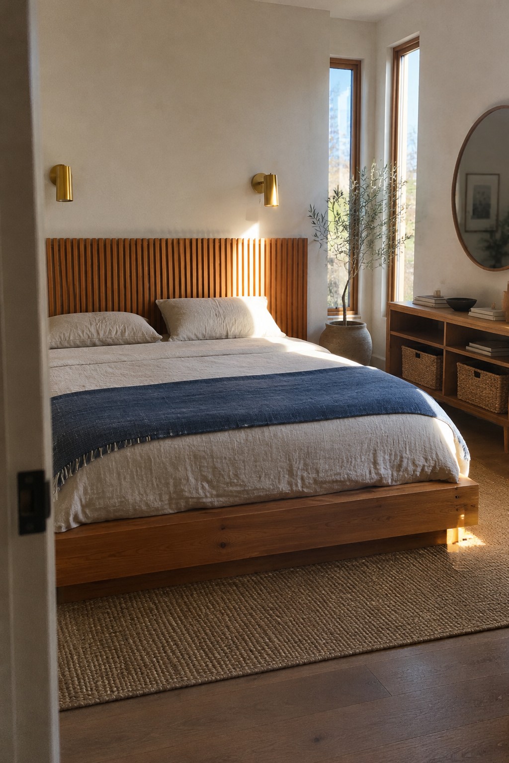 A low wooden platform bed with a vertical slatted headboard, cream bedding, and a navy throw in a neutral bedroom.