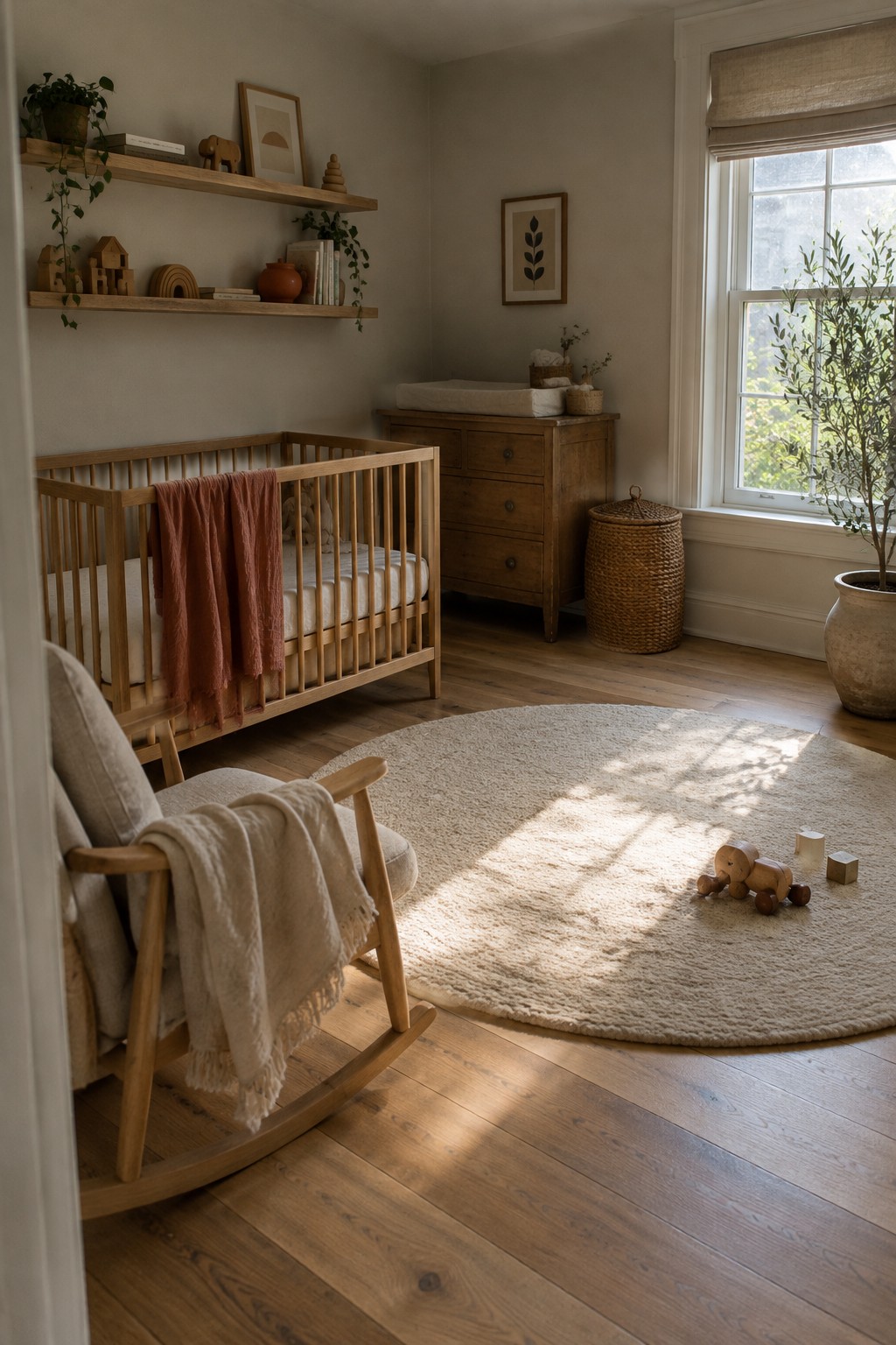 A nursery with a wooden crib, a rust-colored throw draped over the rail, and a changing table beside a window.