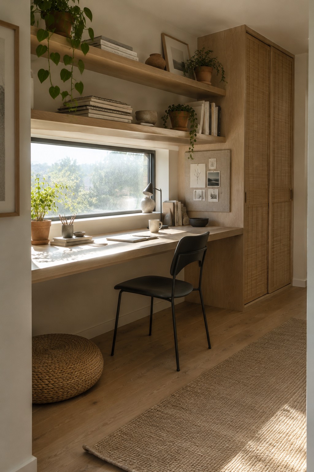A built-in wood desk sits beneath open shelves beside a window, with a black chair and woven floor rug.