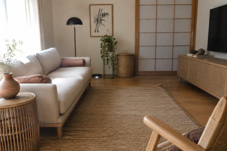 17 Colorful Japandi Interiors Featuring Muted Terracotta Accents A Japandi-style living room with a pale sofa, terracotta cushions, woven furniture, a wooden cabinet, and a natural fiber rug.
