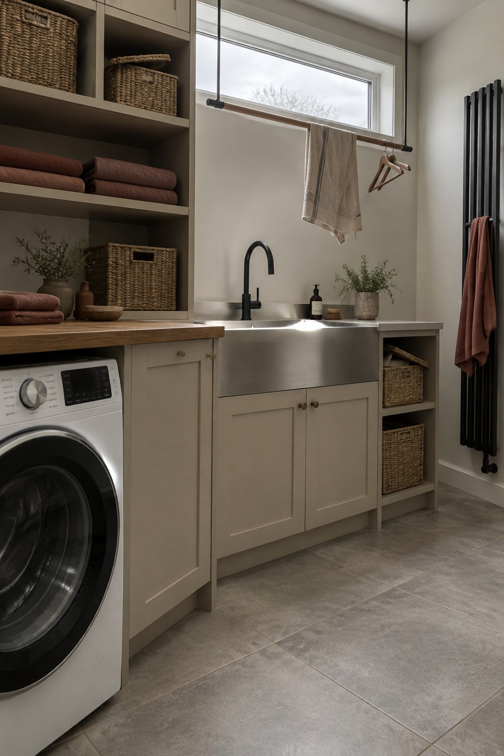 A laundry room with beige built-in shelves, woven baskets, folded terracotta towels, a front-loading washing machine, and a stainless steel sink.