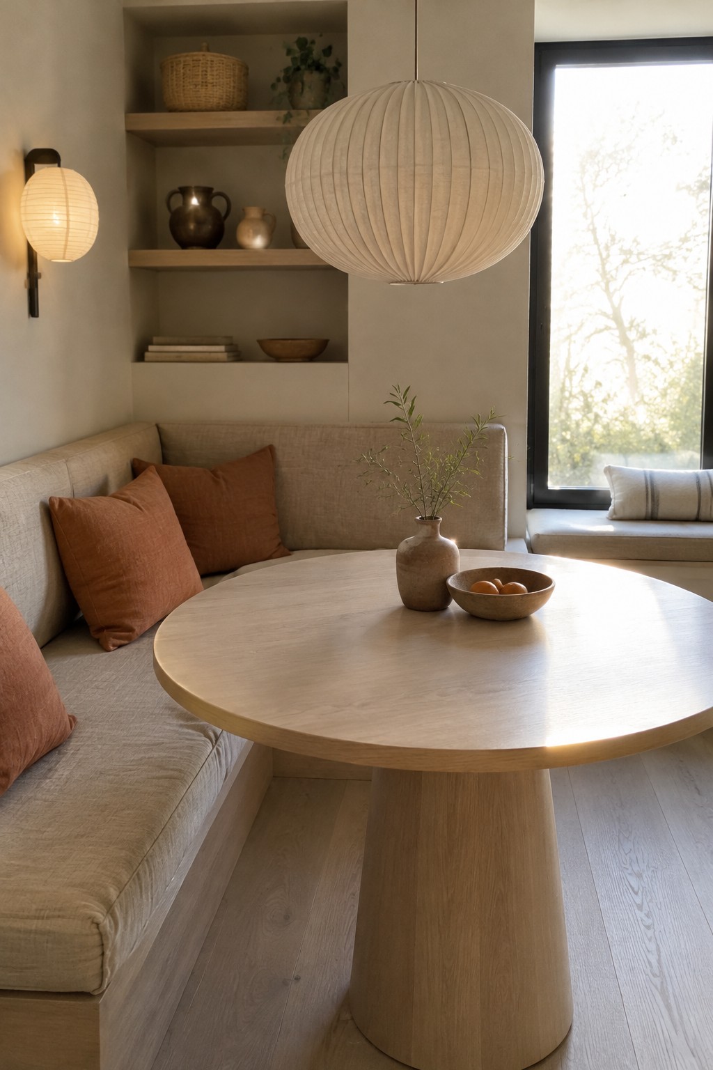 A round light-wood dining table sits in front of a beige built-in banquette with rust-colored cushions.