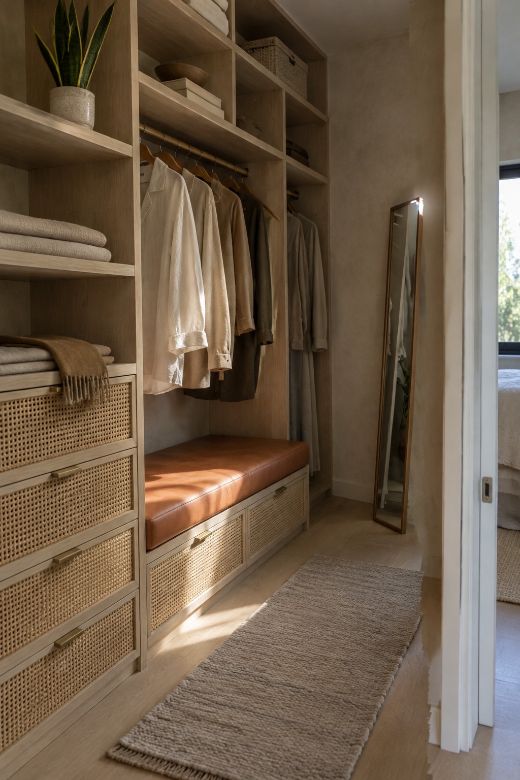 A pale wood dressing area with woven-front drawers, hanging clothes, folded linens, and a terracotta-colored bench cushion.