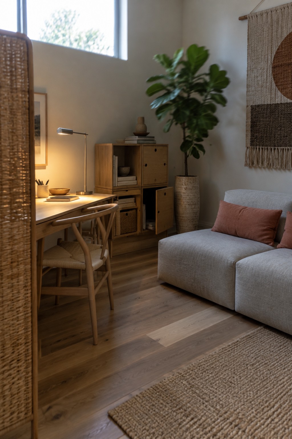 A wooden desk and chair sit beside a small wooden cabinet in a living room with a gray sofa and terracotta cushions.