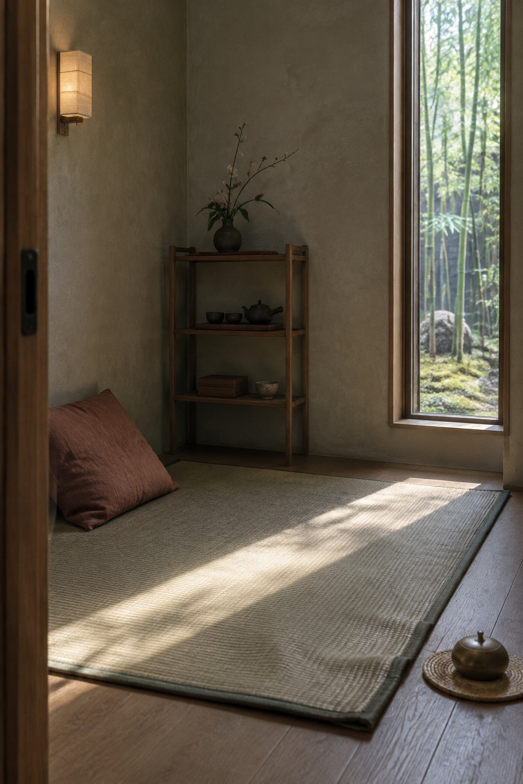 A muted terracotta floor cushion rests on a woven mat beside a wooden shelf in a simple room.