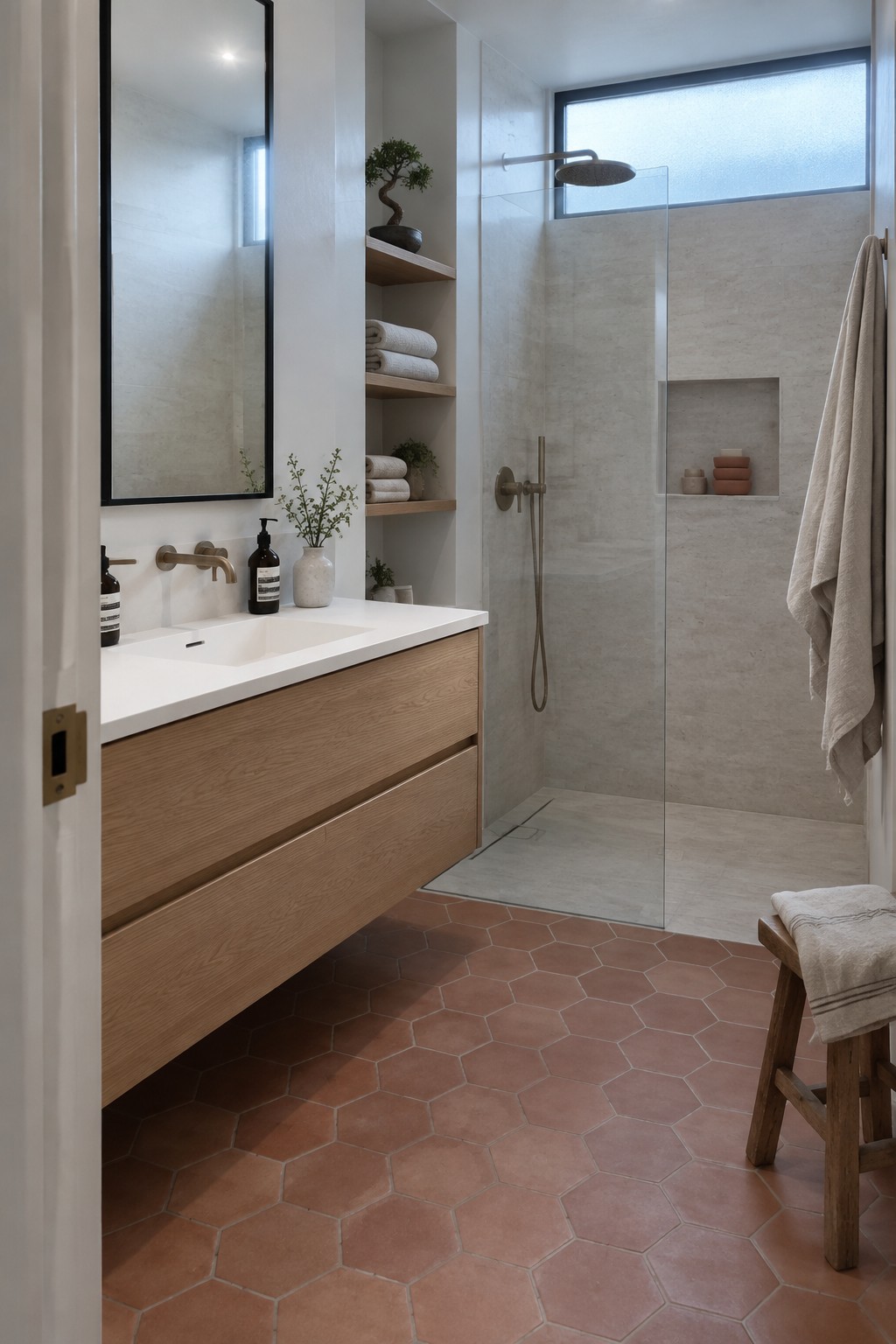 A bathroom with terracotta hexagonal floor tiles, a wood vanity, and a pale stone walk-in shower.