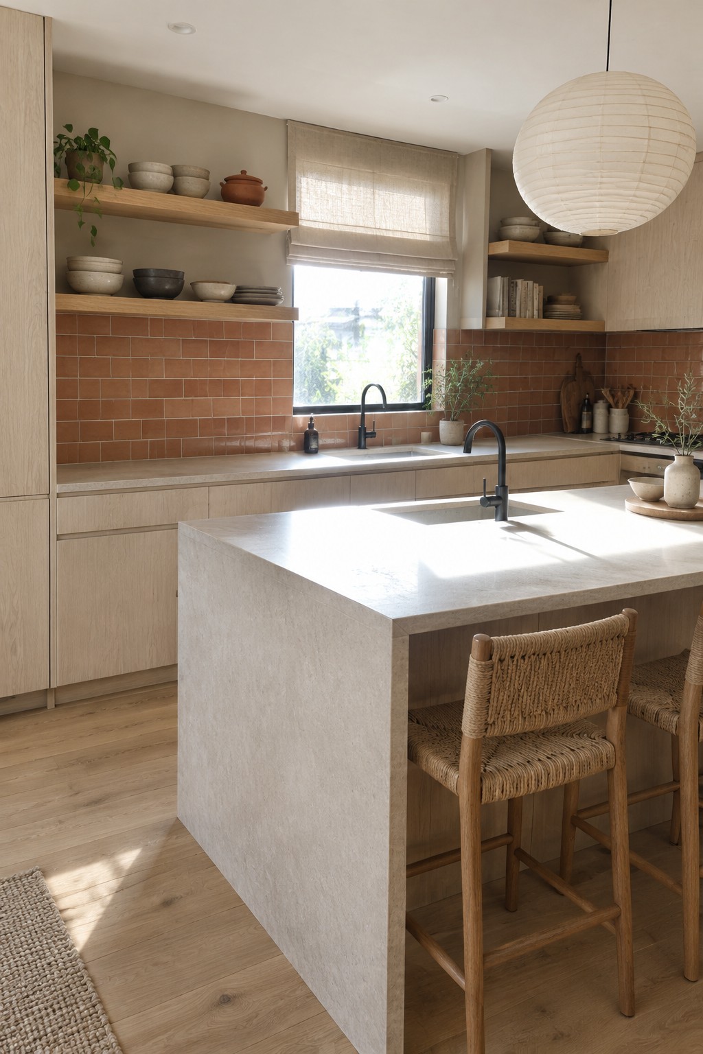A pale wood kitchen with muted terracotta backsplash tiles, open shelves, and a stone-topped island.