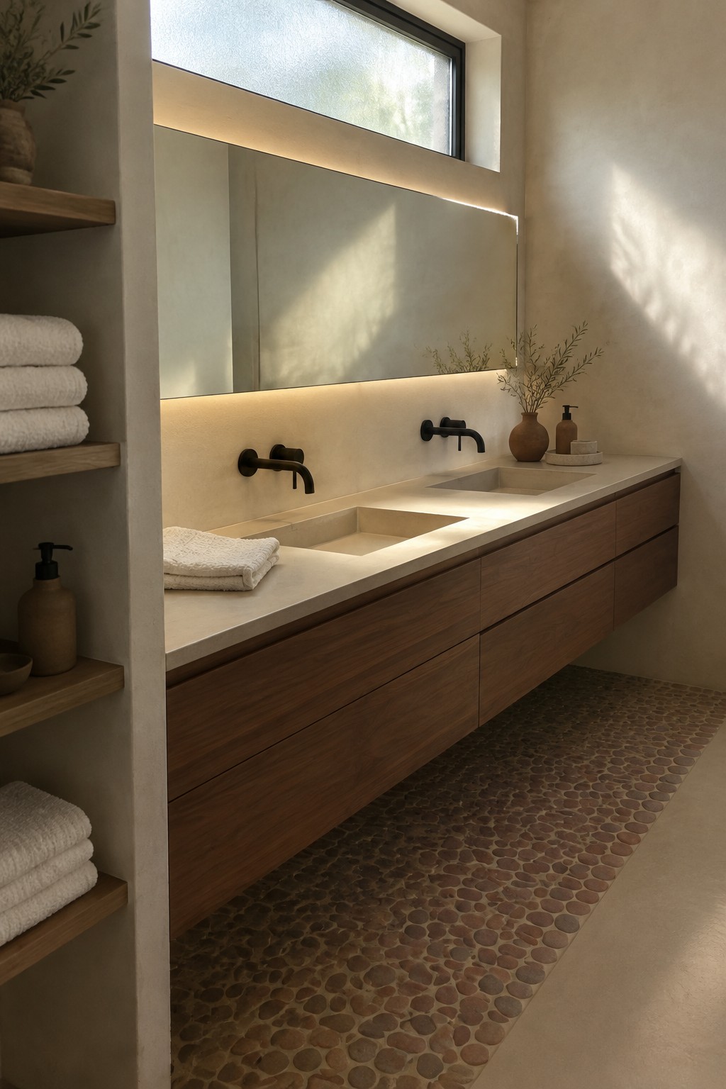A Japandi bathroom with a wood vanity, pale stone countertop, rectangular mirror, and muted terracotta pebble floor tiles.