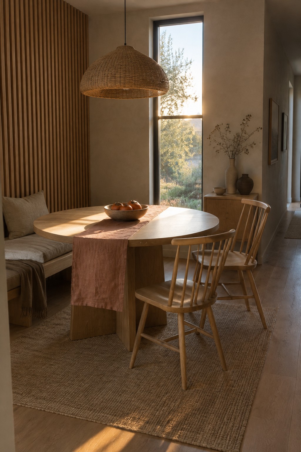 A muted terracotta runner lies across a round wooden dining table beside a built-in bench and spindle-back chairs.