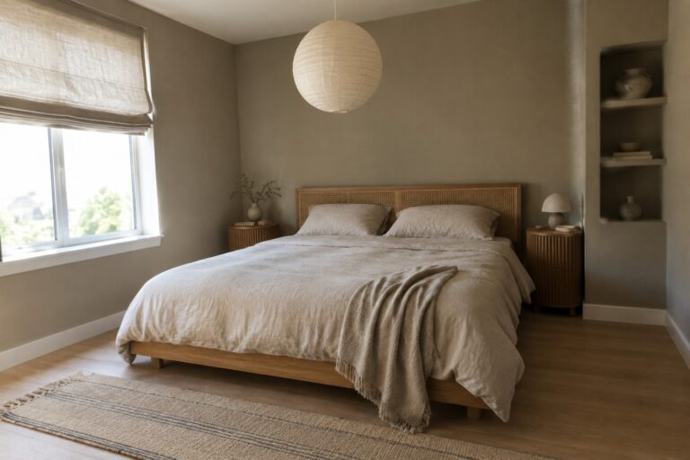 Warm taupe bedroom walls behind a bed with a natural oak frame.