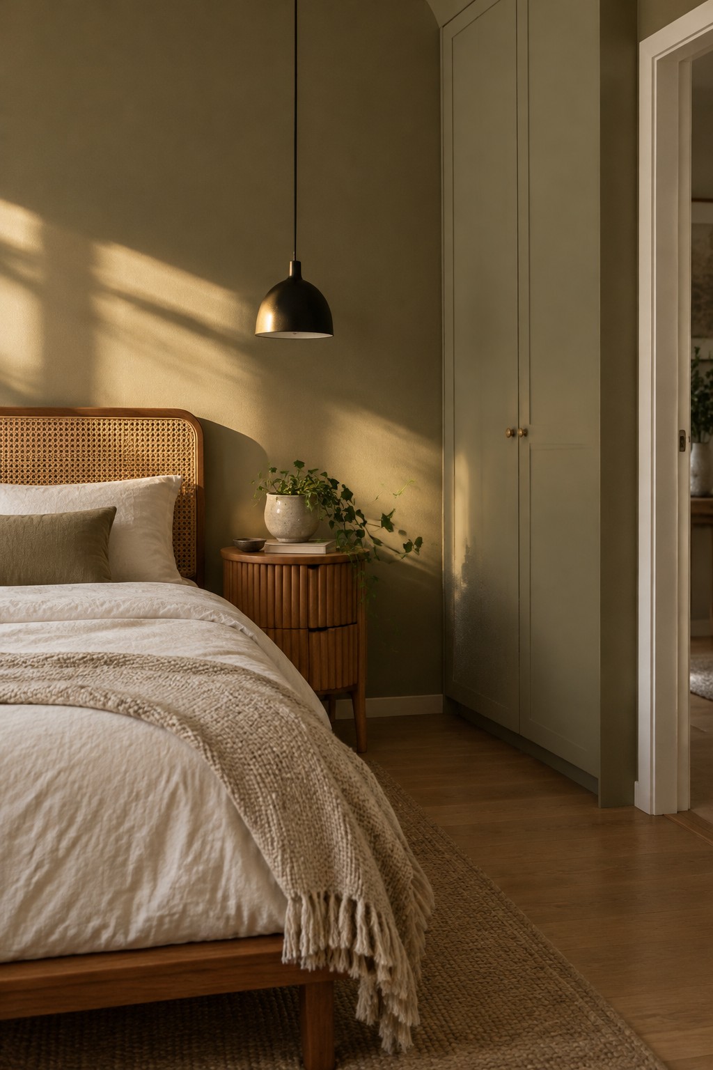 Muted olive bedroom walls beside a cane headboard and warm wood flooring.