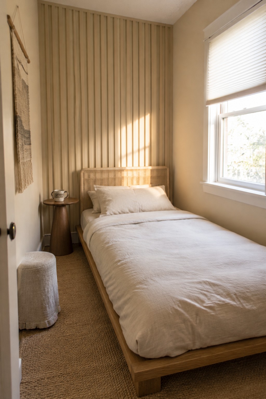 A pale warm greige bedroom wall with vertical slats behind a cane headboard.
