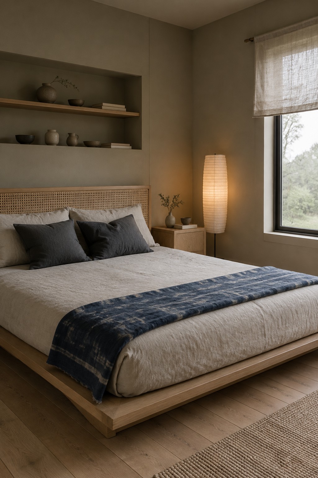 Warm taupe bedroom walls beside a light oak bed frame.