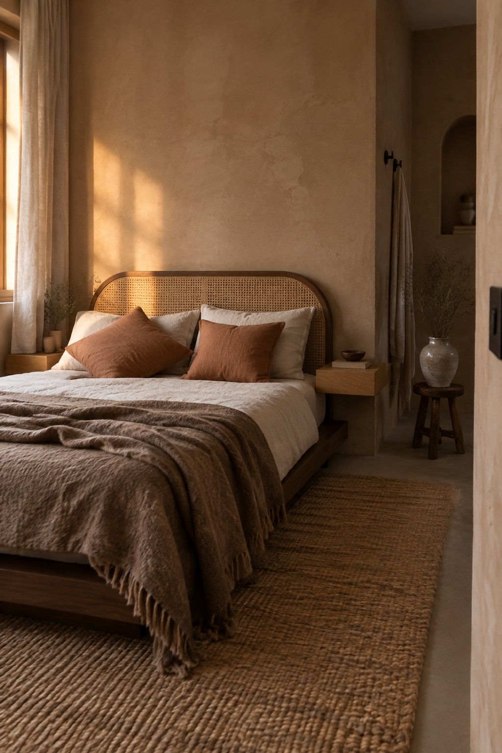 Warm beige bedroom walls behind a bed with a cane headboard.