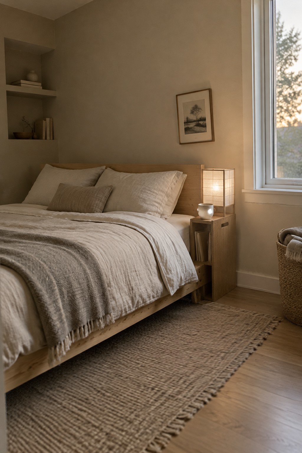 Warm greige bedroom walls beside a light oak bed and woven rug.