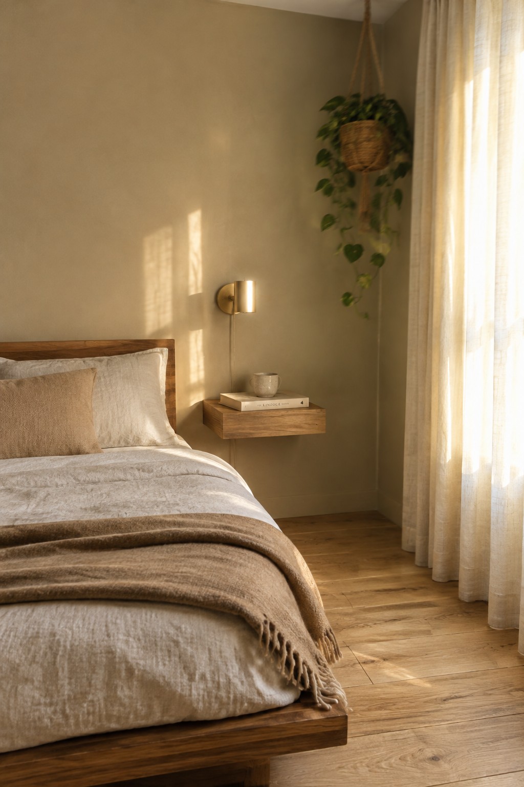 Warm greige bedroom walls beside a walnut bed frame and oak flooring.