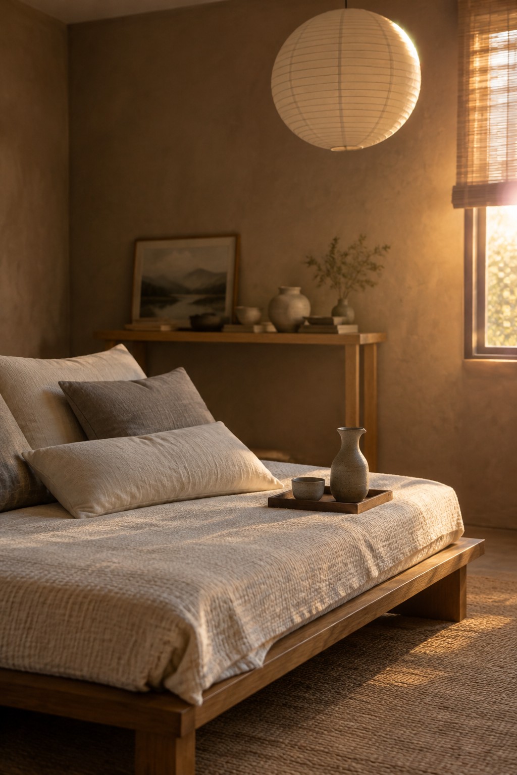 Warm greige bedroom walls beside a low wooden bed.