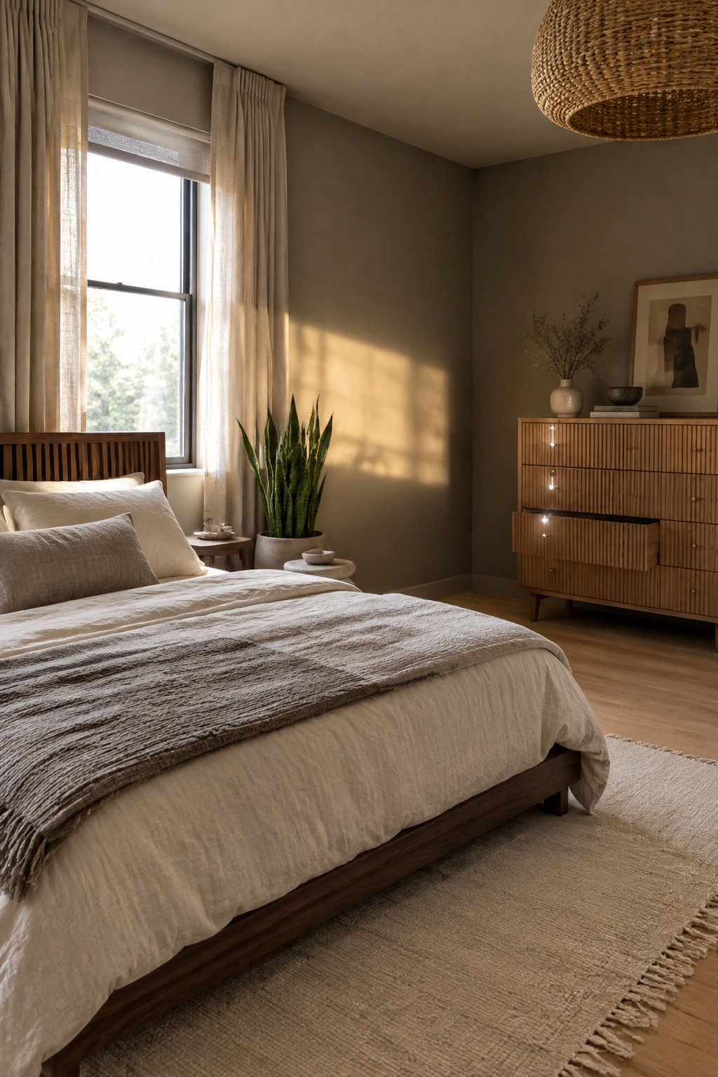 A warm greige bedroom with dark walnut furniture and natural wood floors.