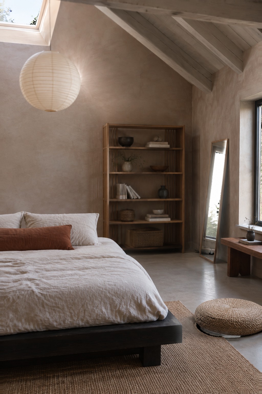 Warm taupe bedroom walls beneath a whitewashed timber ceiling.