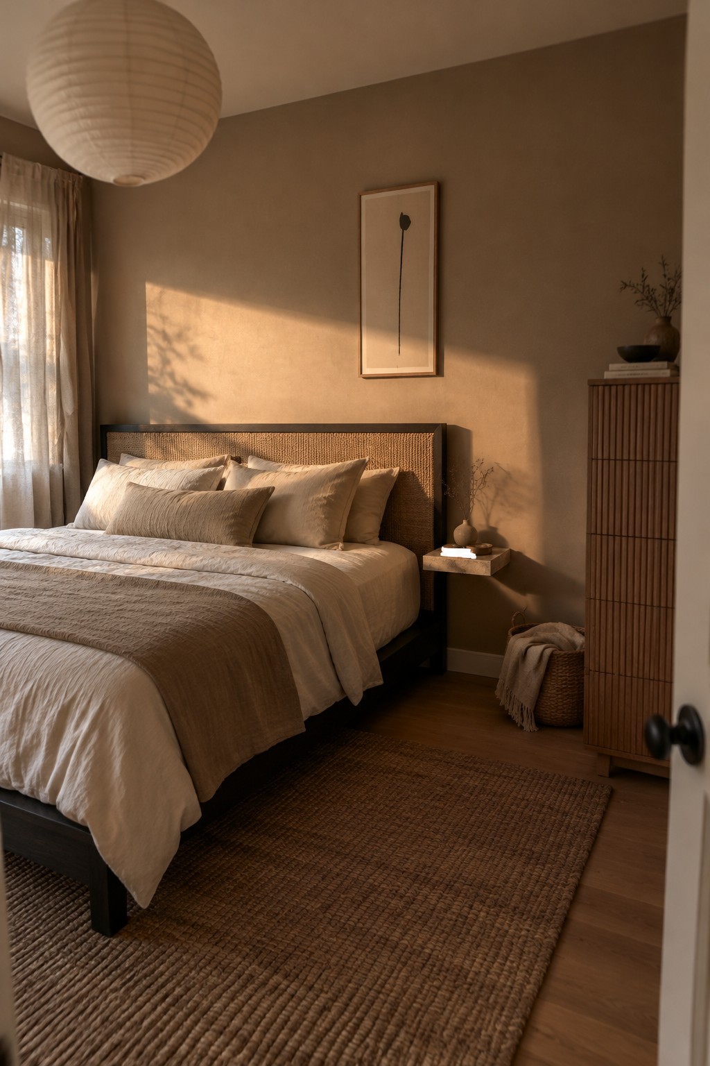 Warm taupe bedroom walls behind a bed with a cane headboard.