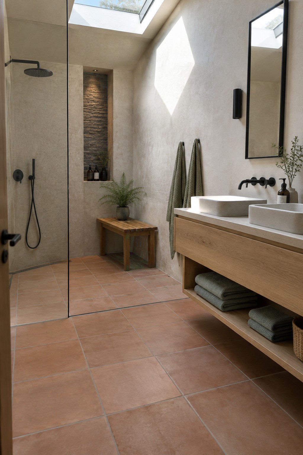 A bathroom with terracotta floor tiles, pale stone-look walls, a wood vanity, and green towels.
