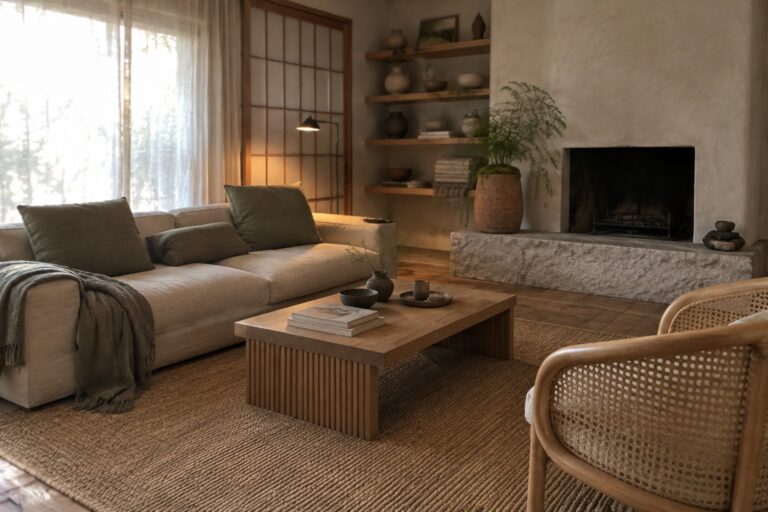 17 Japandi Color Palettes Pairing Earthy Neutrals and Green Accents A beige sofa with olive green cushions sits beside a slatted wooden coffee table, woven rug, and potted plants in a neutral living room.