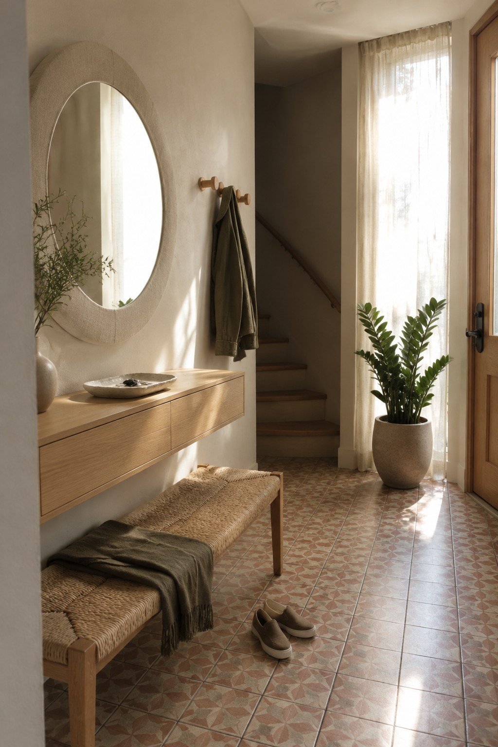 A warm neutral entryway with an olive coat on wooden hooks, a woven bench, patterned tile, and a potted plant by a curtained window.