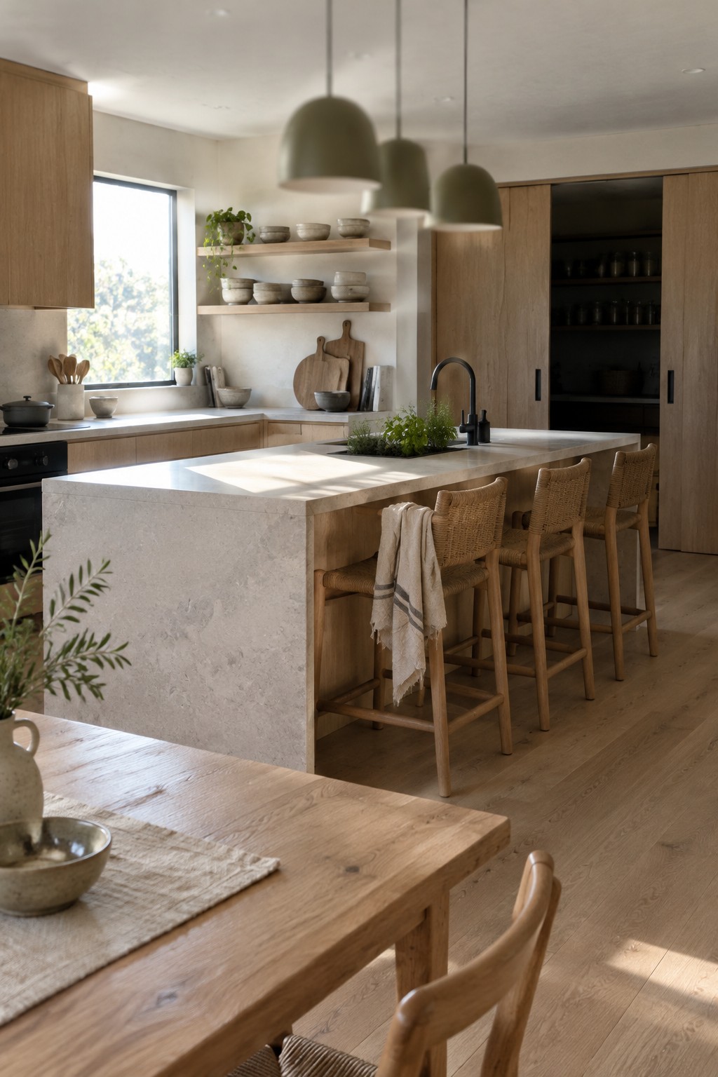 A kitchen with oak cabinetry, pale stone counters, woven bar stools, and greenery on the island.