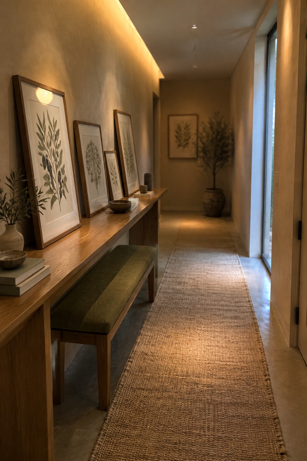 A narrow hallway with a wooden console, framed botanical prints, a green upholstered bench, and a woven runner.