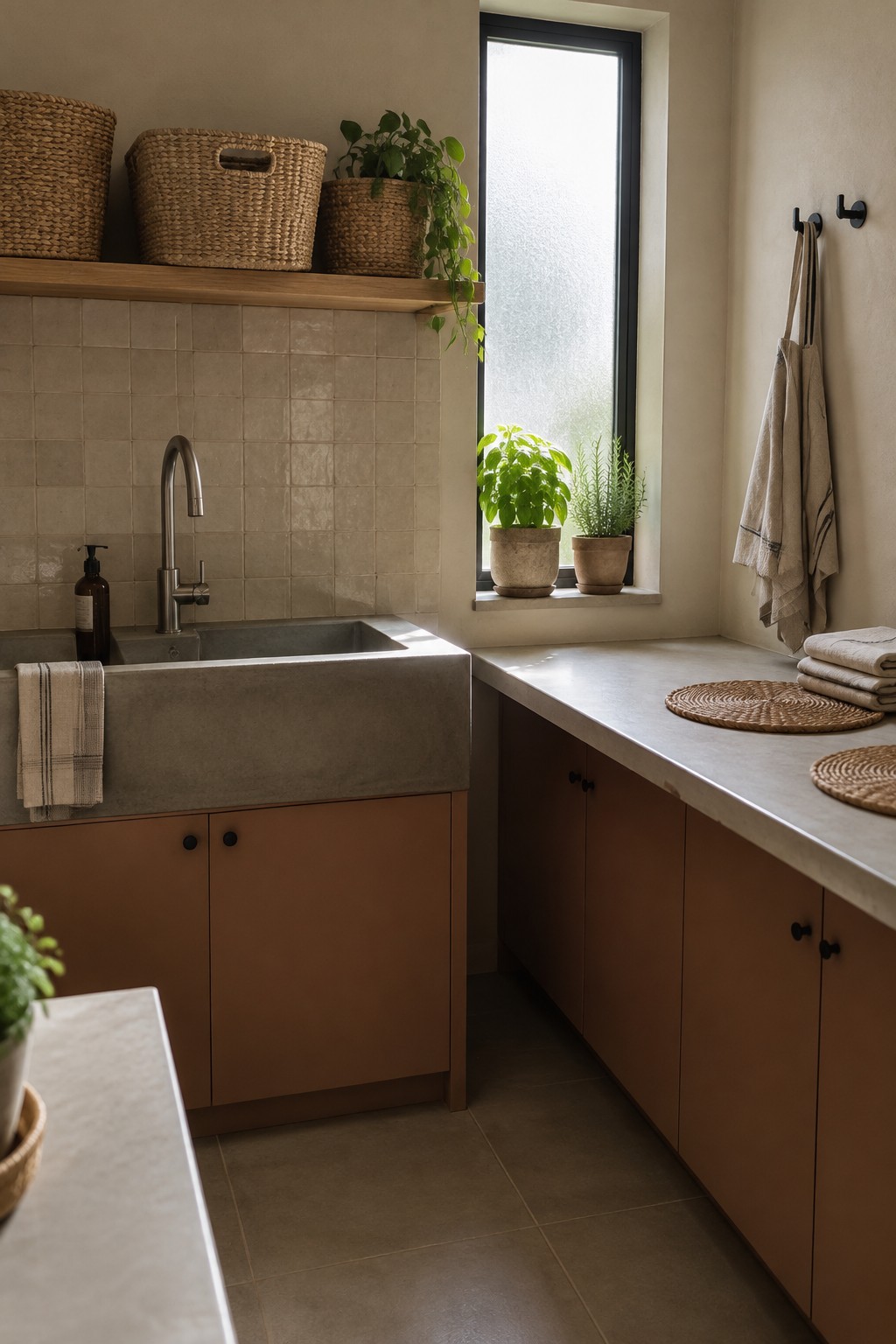 A utility room with warm brown cabinets, a gray stone sink, beige tile, woven baskets, and potted plants by a window.