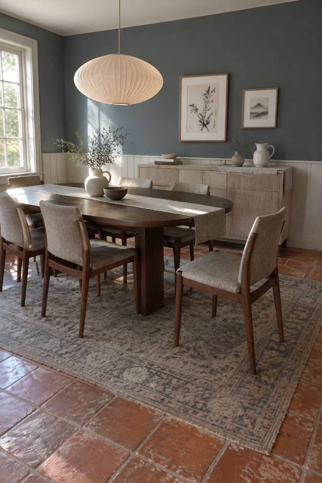 Muted blue-gray dining room walls above white wainscoting with terracotta floor tiles.
