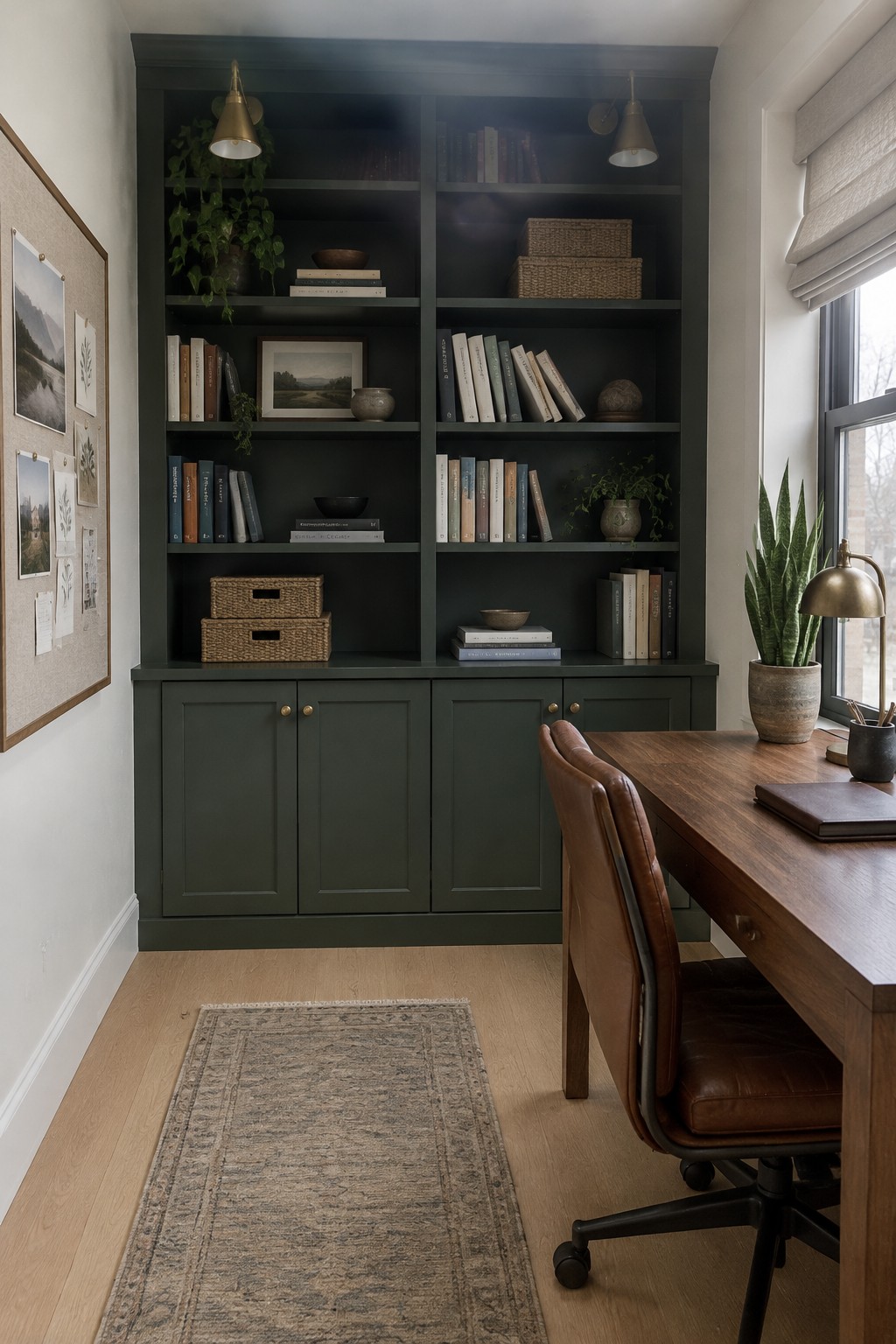Deep forest green built-in shelves and lower cabinets in a home office with pale wood flooring.