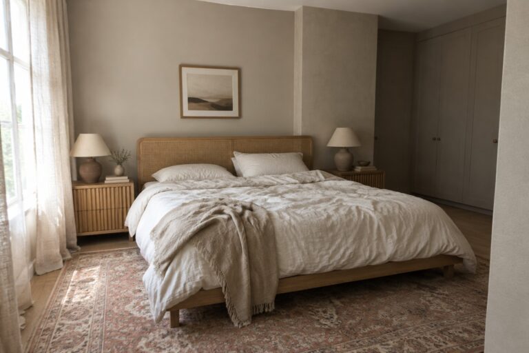 17 Japandi Paint Colors From Jotun for Natural, Muted Interiors Warm greige bedroom walls behind a bed with a cane headboard and pale wood furniture.
