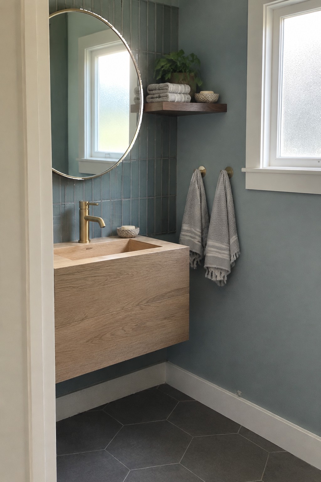 Muted blue-green bathroom walls and tile beside a light oak vanity.