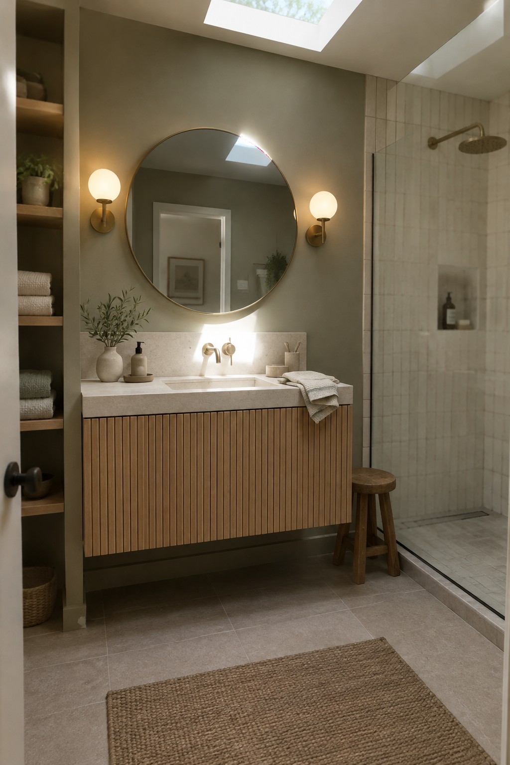 Muted green bathroom walls above a warm wood vanity.